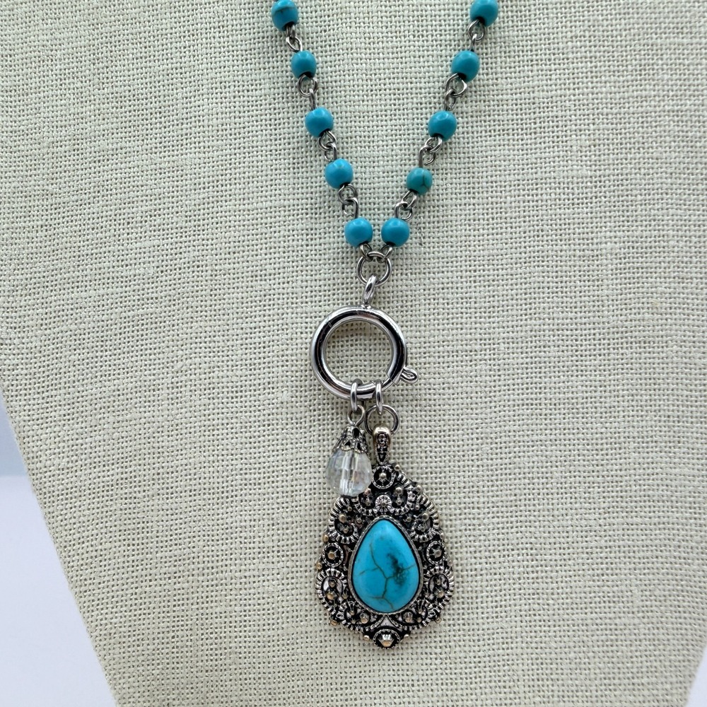 Vintage 90s Silver Tone Turquoise Beaded Teardrop Pendant Necklace Boho Jewelry - Picture 5 of 11